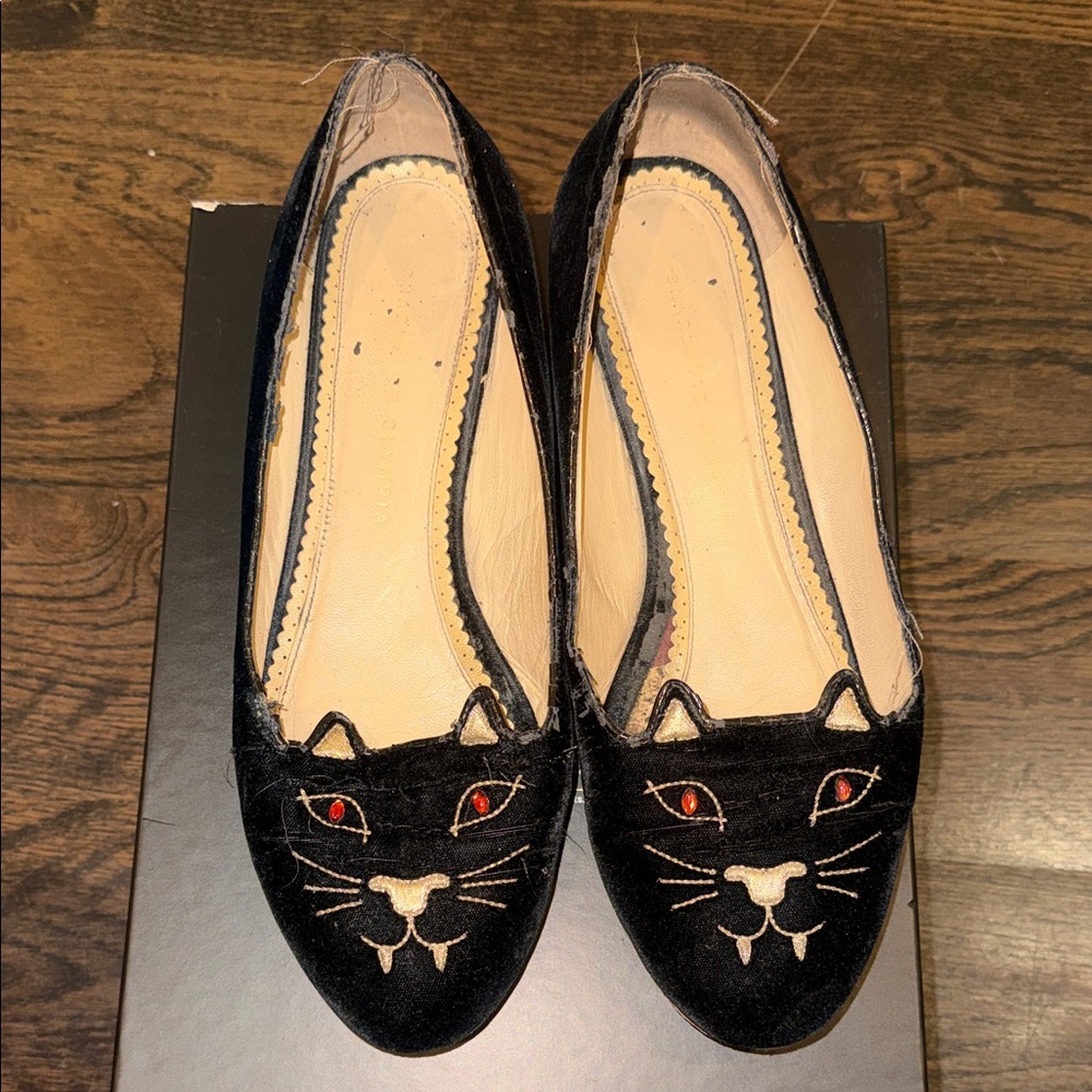 Charlotte Olympia Black Velvet Cat Flats
